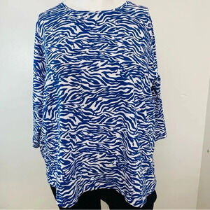 Fresh Top Shirt Woman Size 3X ‎ Blue White Print Polo 3/4 Sleeve Stretch